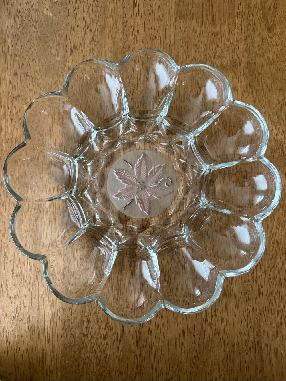 Clear Glass Floral Egg Serving Plate with Pink Accent